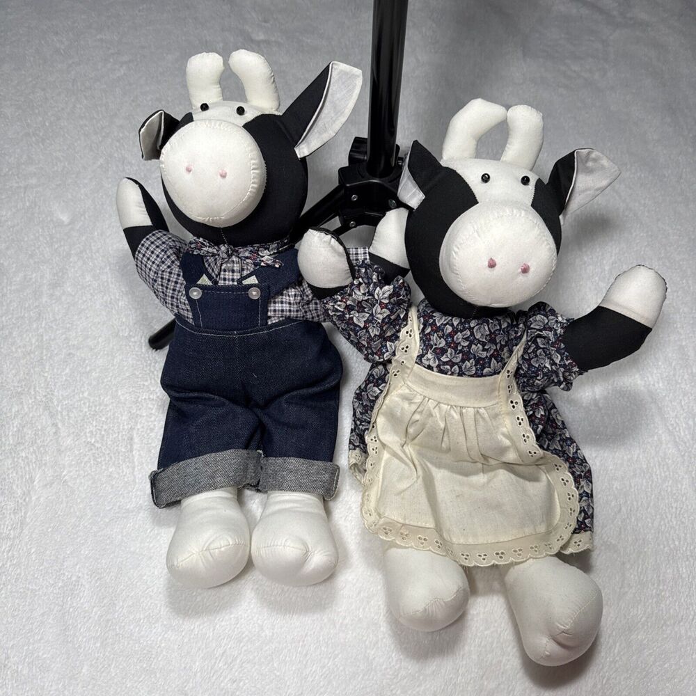 Vintage Tender Heart 1992 Cow Doll Plush Lot Of Two Cows Dress And Bib Overalls